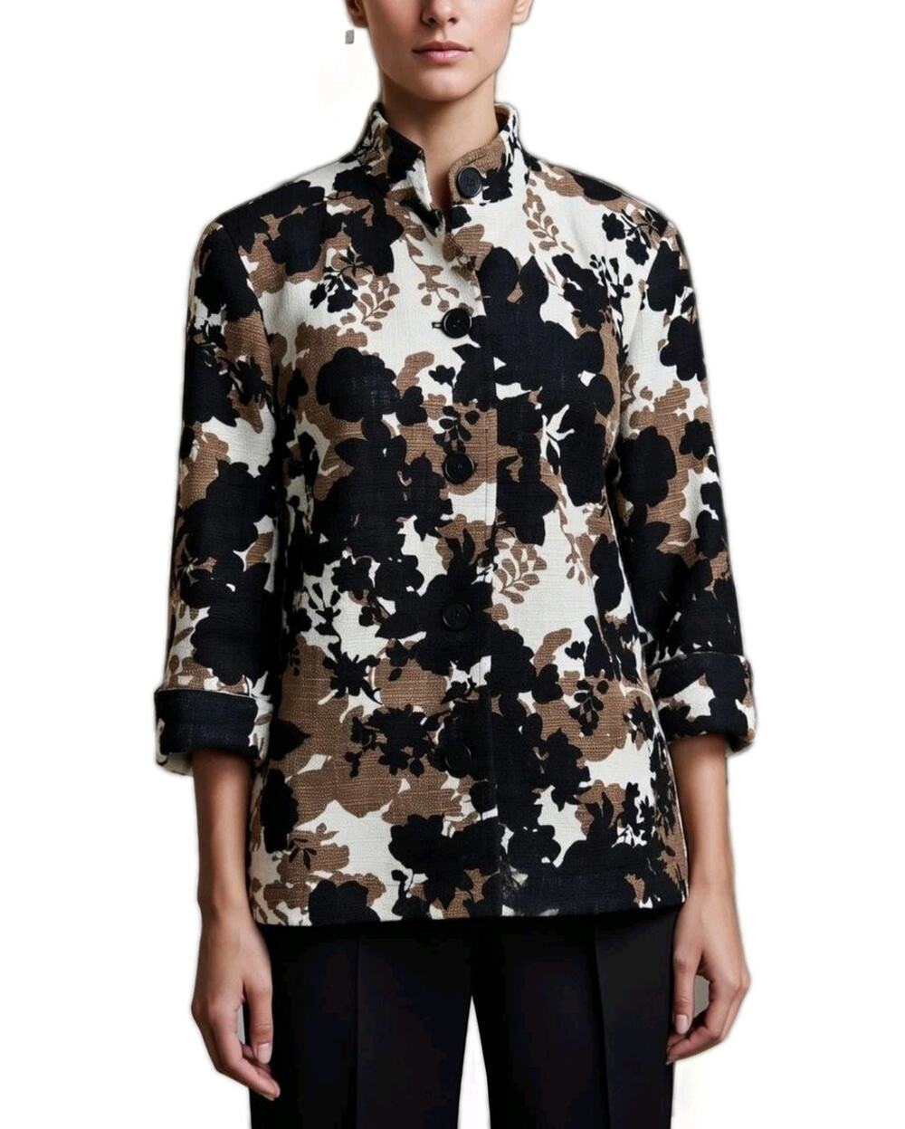Coldwater Creek Jacket Floral Black Brown Mandarin Collar Fall Lined Boho Sz 8